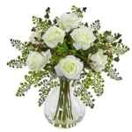 Product: Nearly Natural Roses & Maiden Hair Artificial Glass Vase Silk Arrangements White