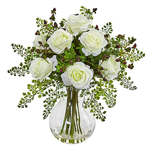 Nearly Natural Roses & Maiden Hair Artificial Glass Vase Silk Arrangements White - Artificial Flower Arrangements Product: Nearly Natural Roses & Maiden Hair Artificial Glass Vase Silk Arrangements White