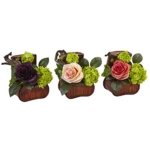 Product: Nearly Natural Rose and Mini Greenery Silk Arrangement, Multi, 3 Piece