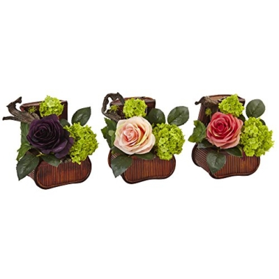Product: Nearly Natural Rose and Mini Greenery Silk Arrangement, Multi, 3 Piece