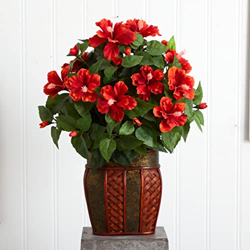 Product: Nearly Natural 6667 Hibiscus with Vase Decorative Silk Plant, Red 24" x 24" x 19"