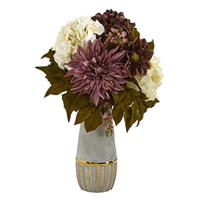 Product: Nearly Natural 17in. Peony, Hydrangea and Dahlia Artificial Arrangement in Stoneware Vase with Gold Trimming