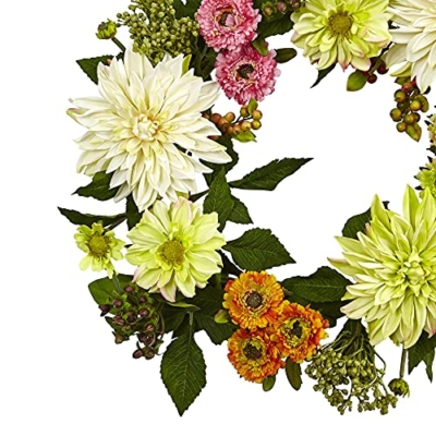 Silky Flower Store Artificial Dahlia Mum Wreath, Pink Orange Green Floral Door Decor, 22in. 7 7 Product: Nearly Natural 22in. Artificial Dahlia and Mum Wreath