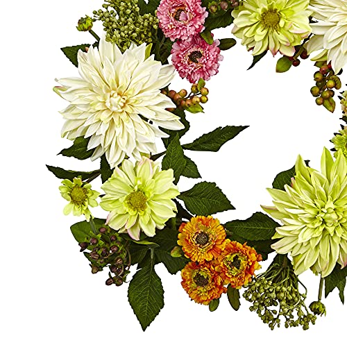 Silky Flower Store Artificial Dahlia Mum Wreath, Pink Orange Green Floral Door Decor, 22in. 1 1 Product: Nearly Natural 22in. Artificial Dahlia and Mum Wreath