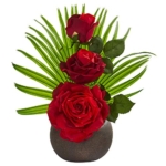 Product: Nearly Natural 14in. Elegant Rose Artificial Stone Brown Vase Silk Arrangements, Red