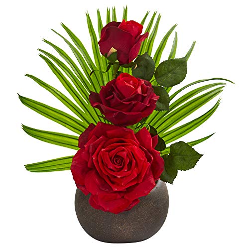 Nearly Natural 14in. Elegant Rose Artificial Stone Brown Vase Silk Arrangements, Red - Artificial Flower Arrangements Product: Nearly Natural 14in. Elegant Rose Artificial Stone Brown Vase Silk Arrangements, Red