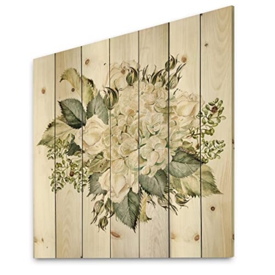 Product: DesignQ Beautiful Bouquet With Hudrangea And Roses Farmhouse Wood Wall Decor, Green Wood Wall Art, Large Floral Wood Wall Panels Printed On Natural Pine Wood Art