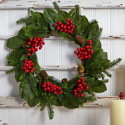 Silky Flower Store Artificial Magnolia Leaf Berry Pine Wreath, Emerald Magnolia Leaves, Crimson Berries, 24in. 9 9 Product: Nearly Natural 24in. Magnolia Leaf, Berry and Pine Artificial Wreath