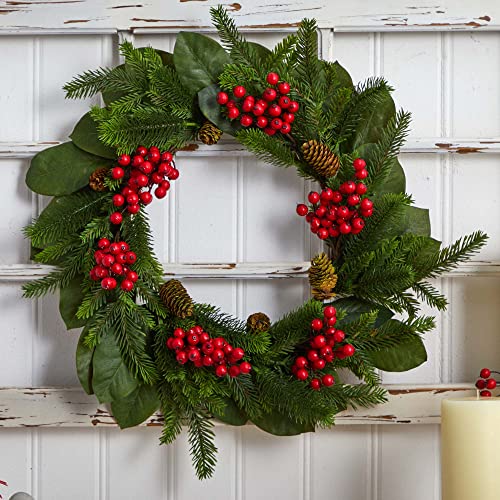 Silky Flower Store Artificial Magnolia Leaf Berry Pine Wreath, Emerald Magnolia Leaves, Crimson Berries, 24in. 4 4 Product: Nearly Natural 24in. Magnolia Leaf, Berry and Pine Artificial Wreath