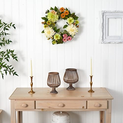 Silky Flower Store Artificial Dahlia Mum Wreath, Pink Orange Green Floral Door Decor, 22in. 9 9 Product: Nearly Natural 22in. Artificial Dahlia and Mum Wreath