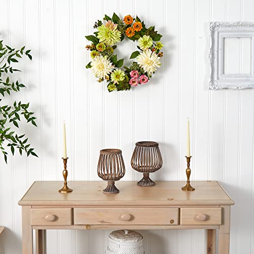 Silky Flower Store Artificial Dahlia Mum Wreath, Pink Orange Green Floral Door Decor, 22in. 3 3 Product: Nearly Natural 22in. Artificial Dahlia and Mum Wreath