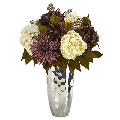Product: Nearly Natural 22in. Peony, Hydrangea and Dahlia Artificial Arrangement in Silver Vase