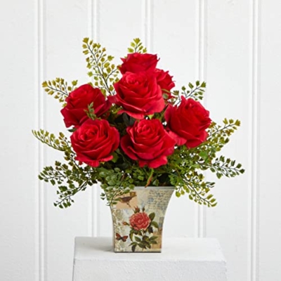 Silky Flower Store Nearly Natural Rose and Maiden Hair Floral Planter, Artificial Flower Arrangement, Home Office Decor, 35.5cm 6 6 Product: Nearly Natural Rose & Maiden Hair Floral Planter