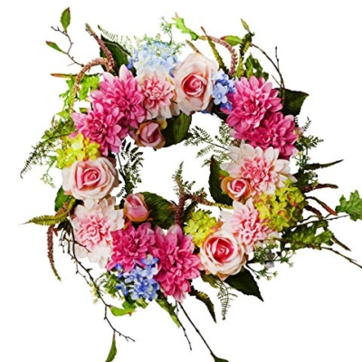 Product: 24 inches Dahlia/Rose/Hydrangea Flower Wreath, Wreath for Front Door, Beautiful Handcrafted Wreath for Home Decor, Weddings Pink