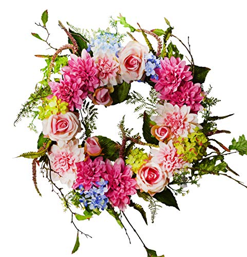 Product: 24 inches Dahlia/Rose/Hydrangea Flower Wreath, Wreath for Front Door, Beautiful Handcrafted Wreath for Home Decor, Weddings Pink