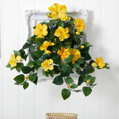 Silky Flower Store Nearly Natural Hibiscus Hanging Artificial Plant, Set of 2, Bright Yellow Indoor Faux Floral Décor 24in. 4 4 Product: Nearly Natural 24in. Hibiscus Hanging Artificial Plant (Set of 2)