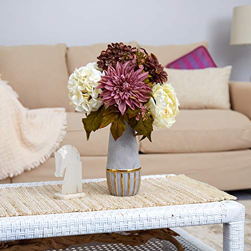 Product: Nearly Natural 17in. Peony, Hydrangea and Dahlia Artificial Arrangement in Stoneware Vase with Gold Trimming