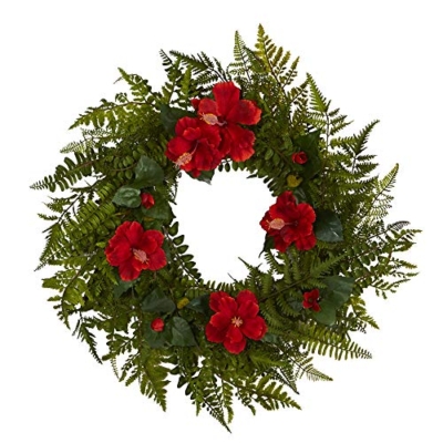 Product: 24in. Mixed Fern and Hibiscus Artificial Wreath