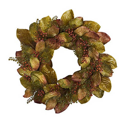 Nearly Natural 30in. Fall Magnolia Leaf and Berries Artificial Wreath - Artificial Flower Arrangements Product: Nearly Natural 30in. Fall Magnolia Leaf and Berries Artificial Wreath