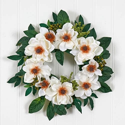 Silky Flower Store Artificial Magnolia Wreath White, Nearly Natural 4793, 22in. 11 11 Product: Nearly Natural 4793 22in. Magnolia Wreath,White