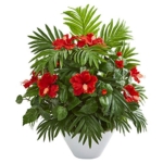 Product: Nearly Natural Hibiscus and Areca Palm Artificial White Bowl Silk Plants, Red