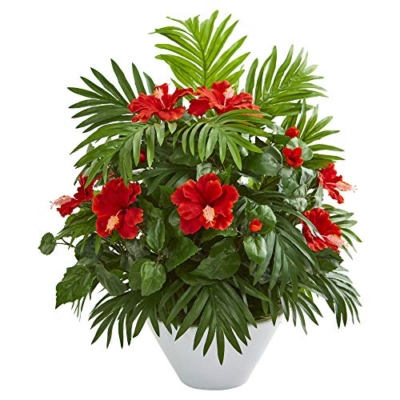 Product: Nearly Natural Hibiscus and Areca Palm Artificial White Bowl Silk Plants, Red