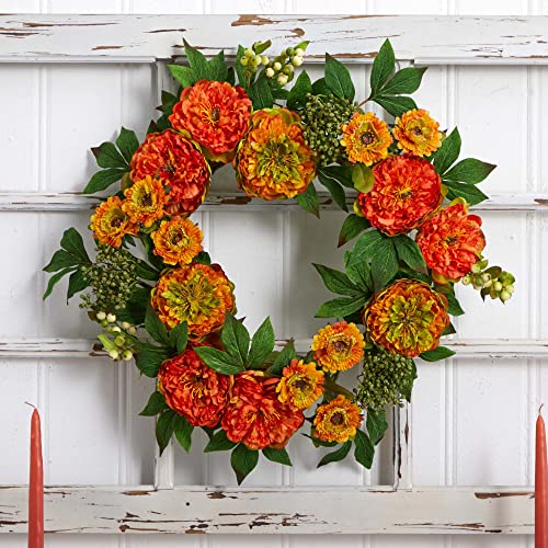 Product: Nearly Natural 4580 24â€ Peony and Mum Wreath,17.5'' x 5.25'' x 17.5'' , Green