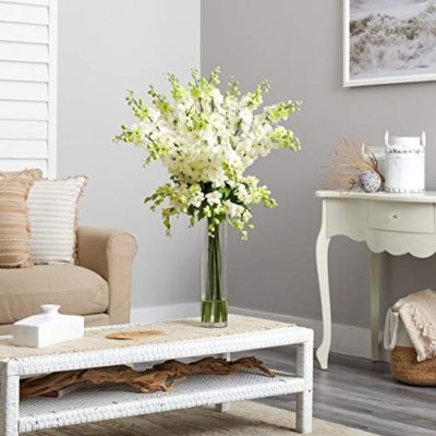 Silky Flower Store Nearly Natural Delphinium Silk Floral Arrangement, Faux Spring Flower Decor, Blue Botanical Accent Pot 4w x 18h 5 5 Product: Nearly Natural Delphinium Silk Flower Arrangement