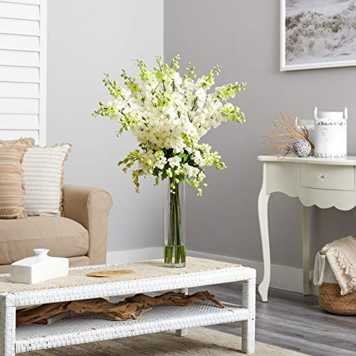 Silky Flower Store Nearly Natural Delphinium Silk Floral Arrangement, Faux Spring Flower Decor, Blue Botanical Accent Pot 4w x 18h 1 1 Product: Nearly Natural Delphinium Silk Flower Arrangement