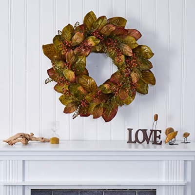 Silky Flower Store Artificial Fall Magnolia Leaf Berry Wreath, Autumn Door Wall Decor, 30in. 5 5 Product: Nearly Natural 30in. Fall Magnolia Leaf and Berries Artificial Wreath