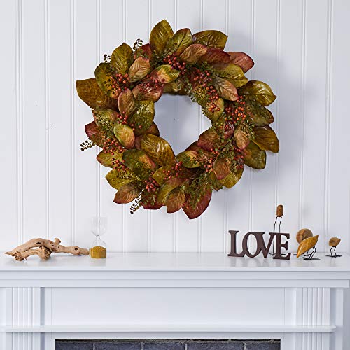 Silky Flower Store Artificial Fall Magnolia Leaf Berry Wreath, Autumn Door Wall Decor, 30in. 2 2 Product: Nearly Natural 30in. Fall Magnolia Leaf and Berries Artificial Wreath