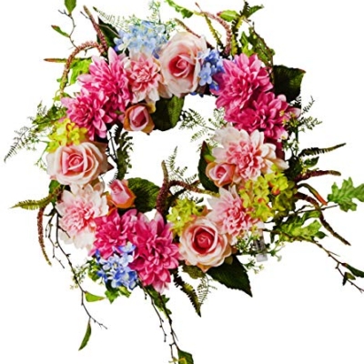 Product: 24 inches Dahlia/Rose/Hydrangea Flower Wreath, Wreath for Front Door, Beautiful Handcrafted Wreath for Home Decor, Weddings Pink