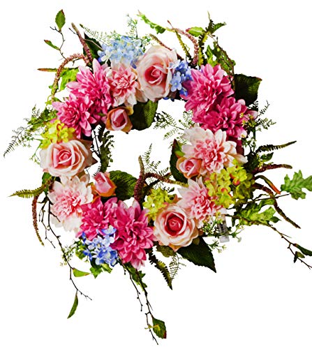 Product: 24 inches Dahlia/Rose/Hydrangea Flower Wreath, Wreath for Front Door, Beautiful Handcrafted Wreath for Home Decor, Weddings Pink