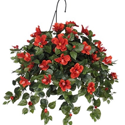Product: House of Silk Flowers Artificial Red Hibiscus Hanging Basket