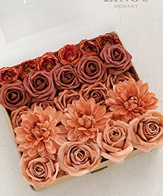 Product: Ling's Moment Artificial Flowers Dahlia Brunt Orange Terracotta Set of 2 Flowers Combo for DIY Wedding Bouquets Centerpieces Arrangements Party Baby Shower Home Decorations