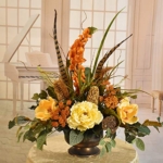 Product: Floral Home Decor Peony and Magnolia Silk Centerpiece with Feathers