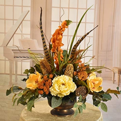 Product: Floral Home Decor Peony and Magnolia Silk Centerpiece with Feathers