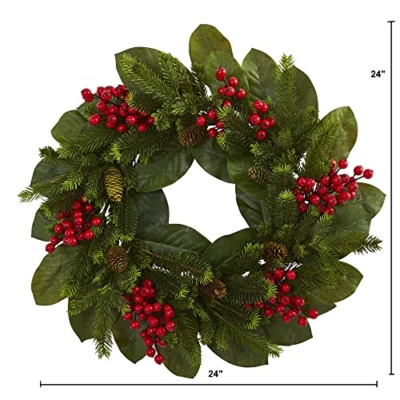 Silky Flower Store Artificial Magnolia Leaf Berry Pine Wreath, Emerald Magnolia Leaves, Crimson Berries, 24in. 6 6 Product: Nearly Natural 24in. Magnolia Leaf, Berry and Pine Artificial Wreath