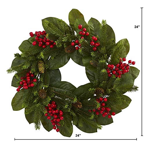Silky Flower Store Artificial Magnolia Leaf Berry Pine Wreath, Emerald Magnolia Leaves, Crimson Berries, 24in. 1 1 Product: Nearly Natural 24in. Magnolia Leaf, Berry and Pine Artificial Wreath