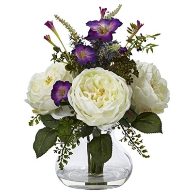 Silky Flower Store Artificial Rose and Morning Glory Floral Arrangement with Vase, White Decor, 14.5in x 9.5in 4 4 Product: Nearly Natural 1413 1 Rose and Morning Glory Arrangement with Vase, 9.5 x 9.5 x 14.5,White