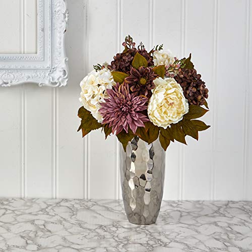 Silky Flower Store Artificial Peony Hydrangea Dahlia Arrangement, Silver Vase, Faux Floral Centerpiece, Indoor Décor 22in. 2 2 Product: Nearly Natural 22in. Peony, Hydrangea and Dahlia Artificial Arrangement in Silver Vase