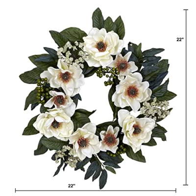 Silky Flower Store Artificial Magnolia Wreath White, Nearly Natural 4793, 22in. 9 9 Product: Nearly Natural 4793 22in. Magnolia Wreath,White