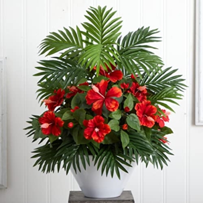 Silky Flower Store Nearly Natural Hibiscus Areca Palm Artificial White Bowl Silk Plants Red, Faux Floral Decor 20.5cm 6 6 Product: Nearly Natural Hibiscus and Areca Palm Artificial White Bowl Silk Plants, Red