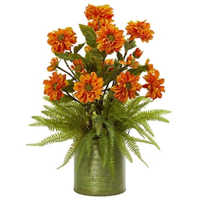 Product: Nearly Natural Zinnia and Fern Artificial Metal Planter Silk Arrangements, Orange