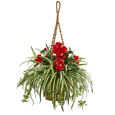Product: Nearly Natural Hibiscus & Spider Artificial Hanging Basket Silk Plants, Red