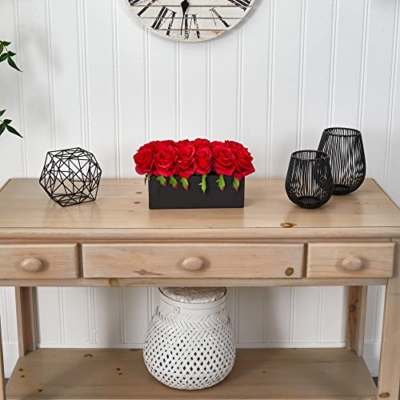 Silky Flower Store Silk Roses Ceramic Rectangular Planter, Artificial Floral Centerpiece, Black Planter, 6H x 12.5W x 6D 13 13 Product: Nearly Natural Dozen Silk Roses in Ceramic Rectangular Planter