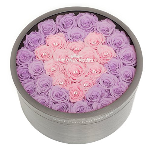 Product: The Only Roses Preserved Roses in Round-Shaped Grey Gift Box | Real Roses That Will Last at Least A Year Love Forever Last Forever (Pink & Purple, Large)