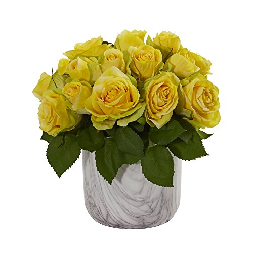 Nearly Natural Rose Artificial Marble Finished Vase Silk Arrangements Yellow - Artificial Flower Arrangements Product: Nearly Natural Rose Artificial Marble Finished Vase Silk Arrangements Yellow