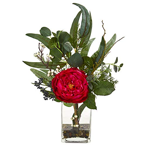 Product: Nearly Natural 21-in. Rose and Eucalyptus Artificial Silk Arrangements, Red
