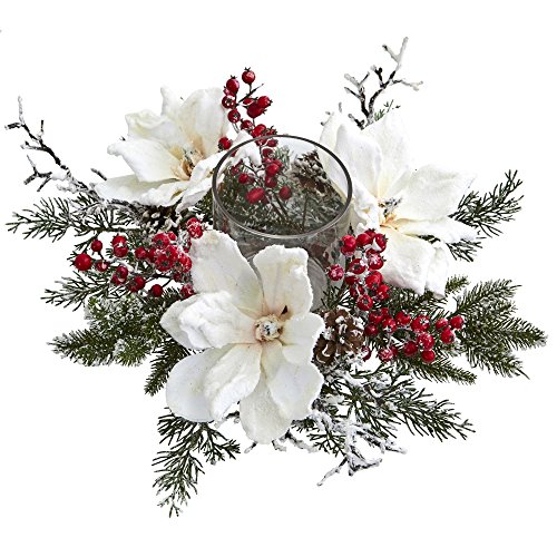 Silky Flower Store Artificial Magnolia Berry Candelabrum, Frosted Ivory Crimson Floral Arrangement, Decorative Candle Holder 32.5cm 1 1 Product: Nearly Natural Frosted Magnolia & Berry Artificial Arrangement Candelabrum